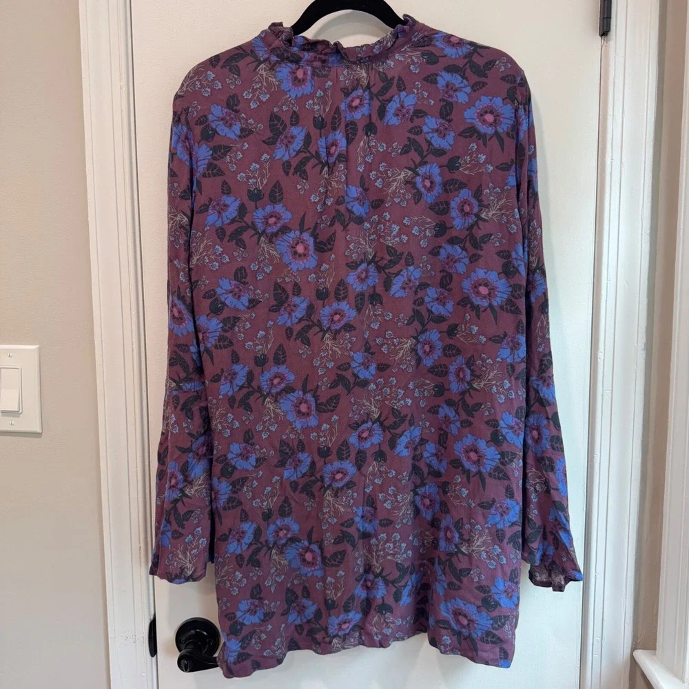 Free People Floral Tunic Top Bell Sleeve Button‎ Up Blouse Bohemian S